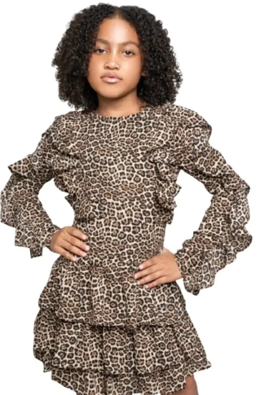 BARDOT Girl's Whit Ra Ra Dress Size 7-8 Small Leopard Ruffle Long Sleeve NWT